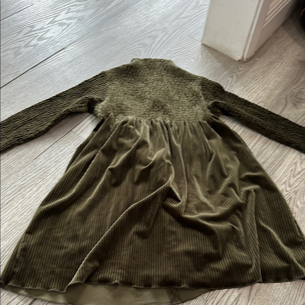 Girls Olive Green Long Sleeve Knit & Corduroy Dress